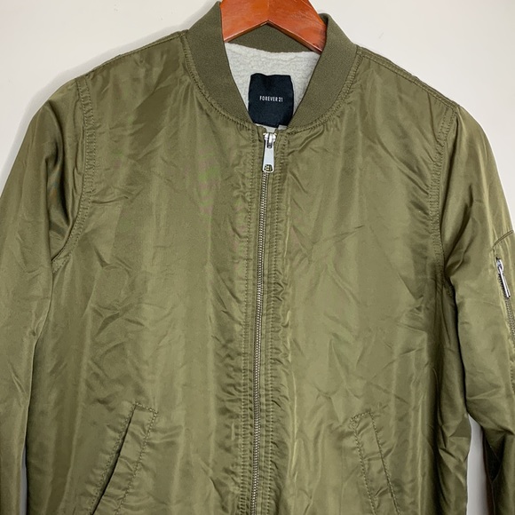 Forever 21 | Olive Green Satin Zip Up Bomber Coat | Pocket Jacket | Size Small - Picture 2 of 8